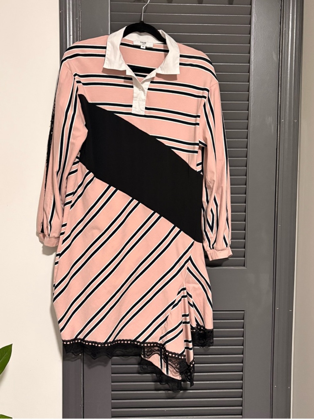 Koché Striped Asymmetrical Handkerchief Long Sleeve Mix Media Dress